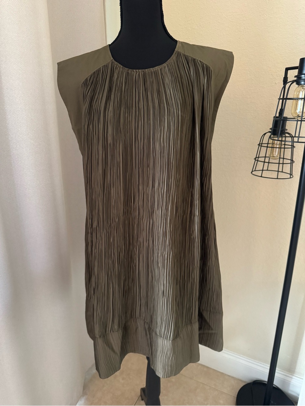 Anthropologie Plissé Mini Dress Olive Brown Pleated Shift Dress Size Small - Picture 2 of 10